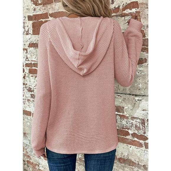 NWT Dokotoo Women's Waffle Knit Drawstring Button V Neck LS Sweaters Pink-SZ L - Picture 2 of 6